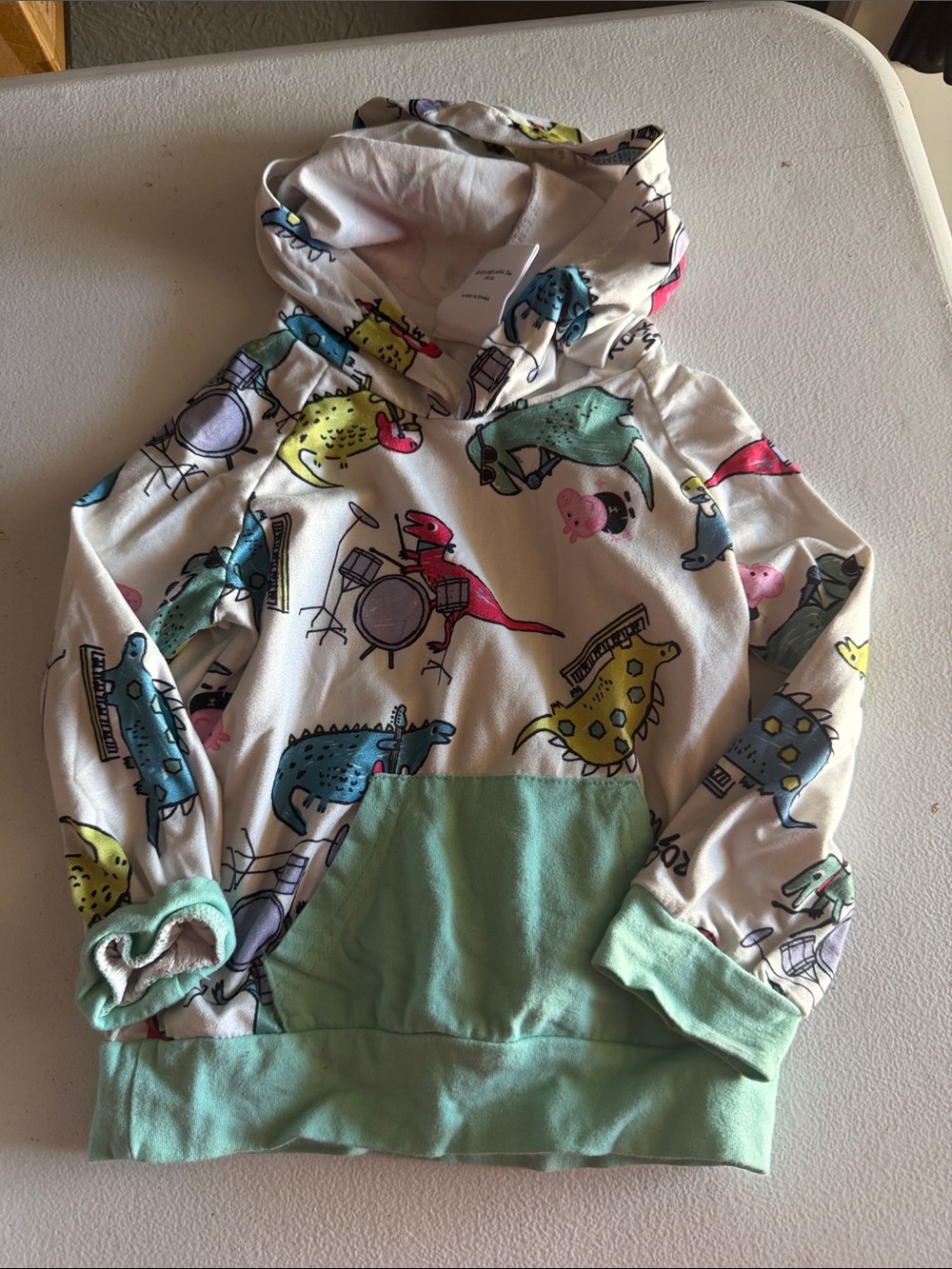 PatPat White Hooded Sweatshirt with Mint Pocket & Multi Dino Print